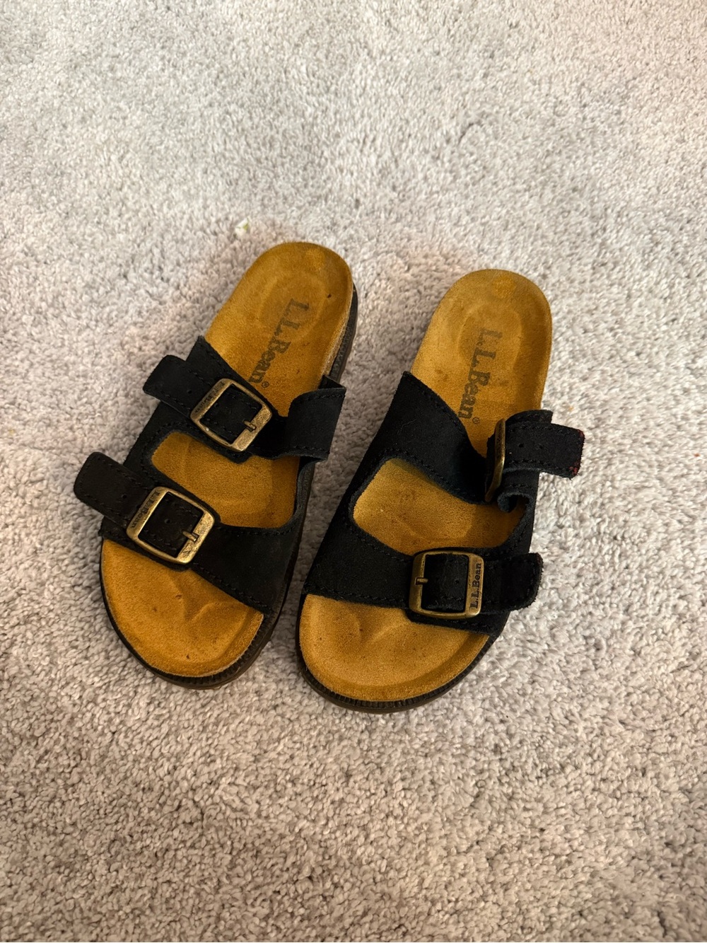 L.L. Bean Kids Black Suede Double-Buckle Slide Sandals with Tan Footbed